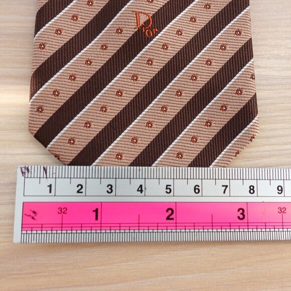 Christian Dior Neck Tie Mens Brown Striped Silk Logo Initial Flower Rustic Short - Picture 7 of 10